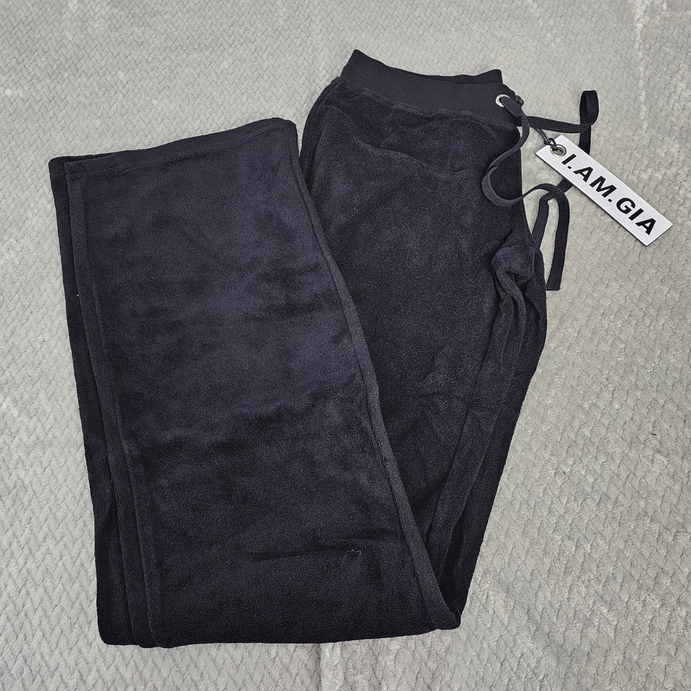 I.AM.GIA Kameron Track Pants Women's XS Black Velour Rhinestone Logo Lounge Y2K